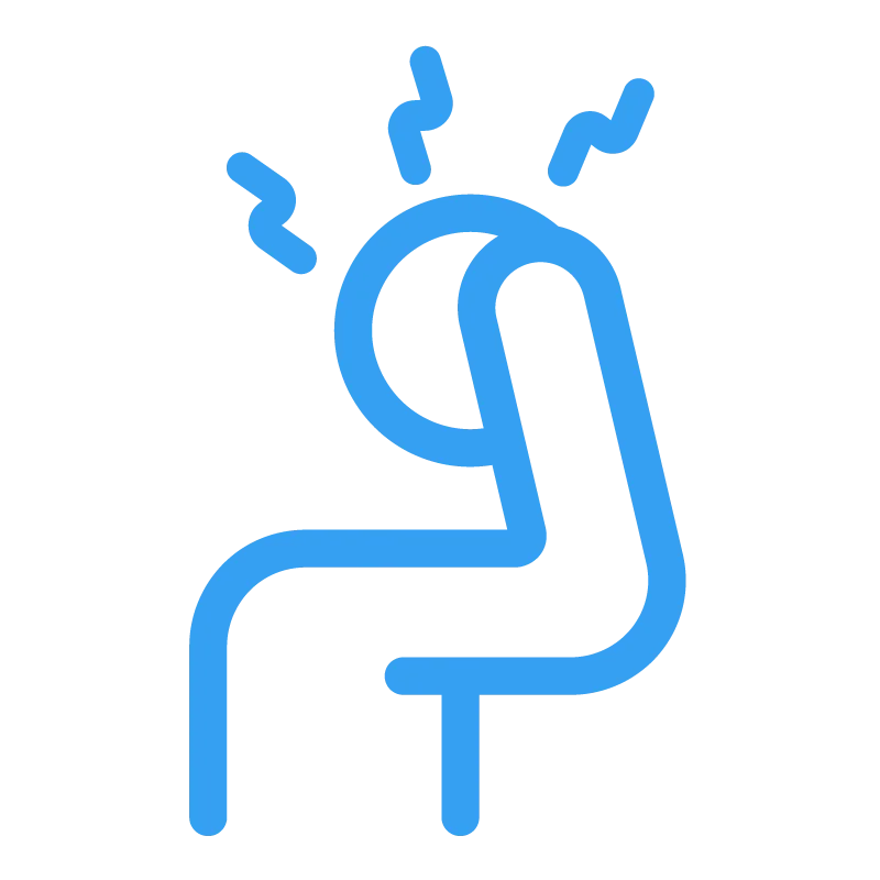 Blue line illustration of a person holding their head with wavy lines above indicating pain or discomfort
