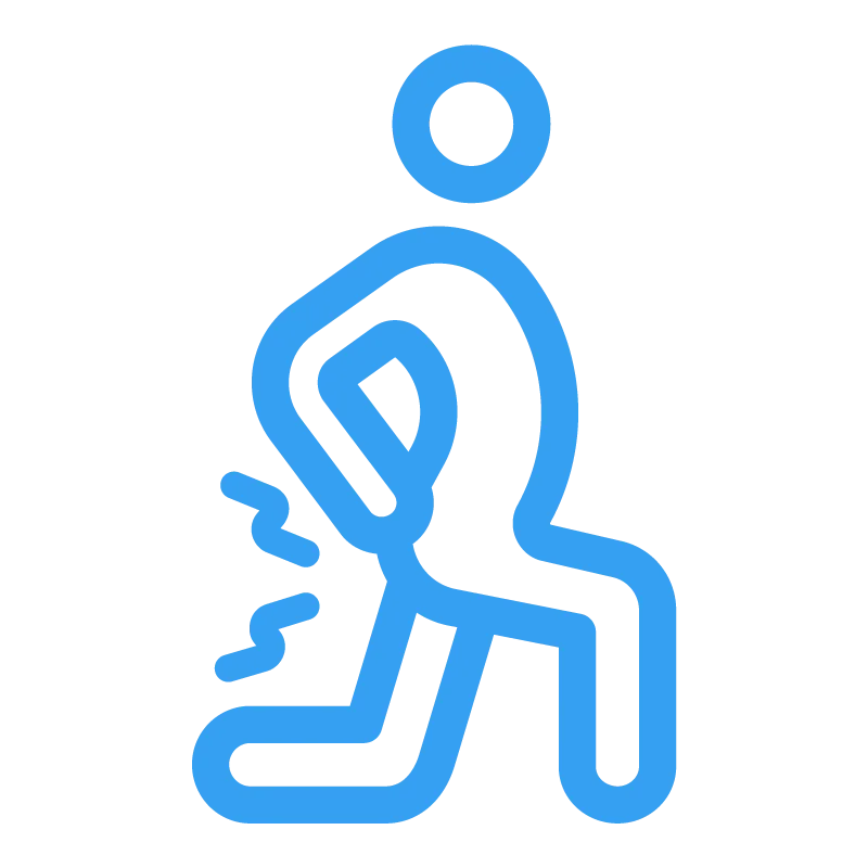 Blue line icon of a person holding their lower back in pain
