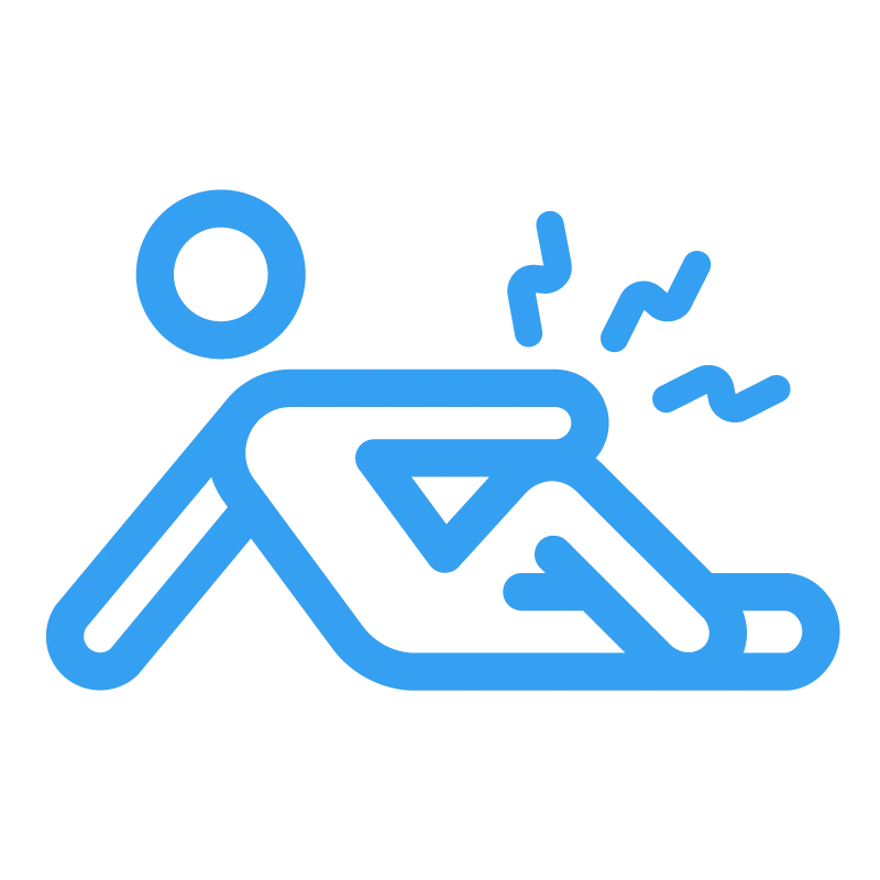 Stick figure lying down with injury indicators and motion lines suggesting pain or discomfort
